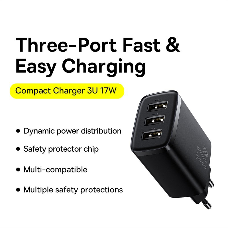 Настенное зарядное устройство Baseus 17 Вт с 3 портами USB