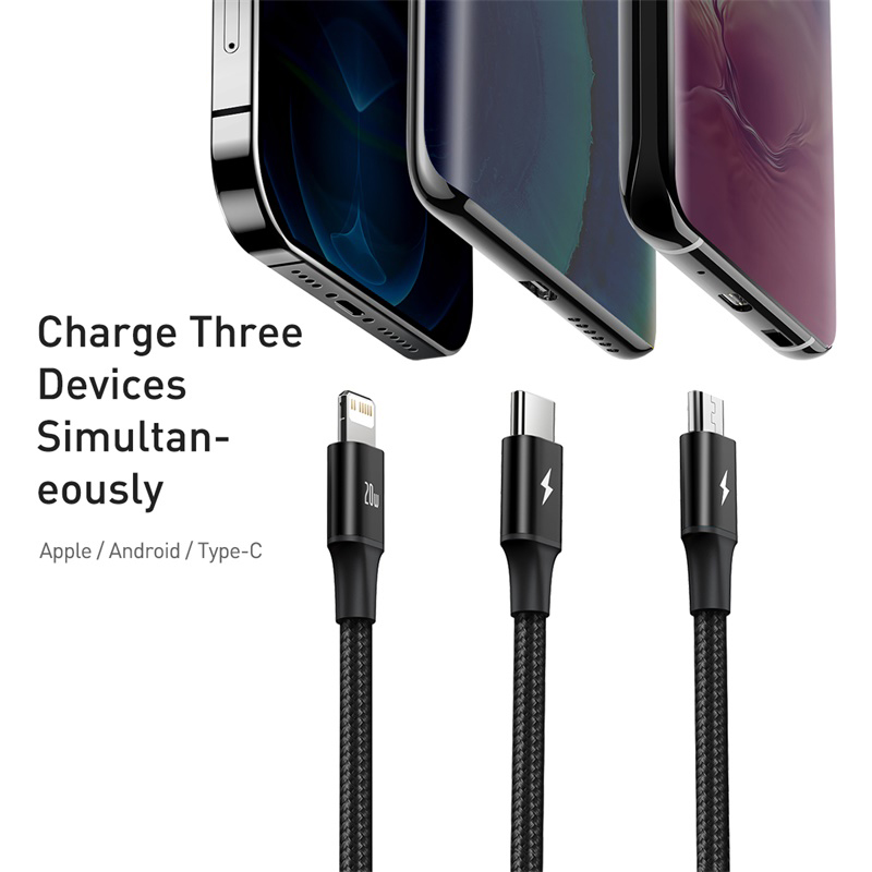Кабель Baseus 3-в-1 USB C для быстрой зарядки мощностью 20 Вт