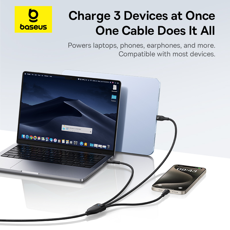 Кабель Baseus 3 в 1 USB-C — быстрая зарядка и передача данных