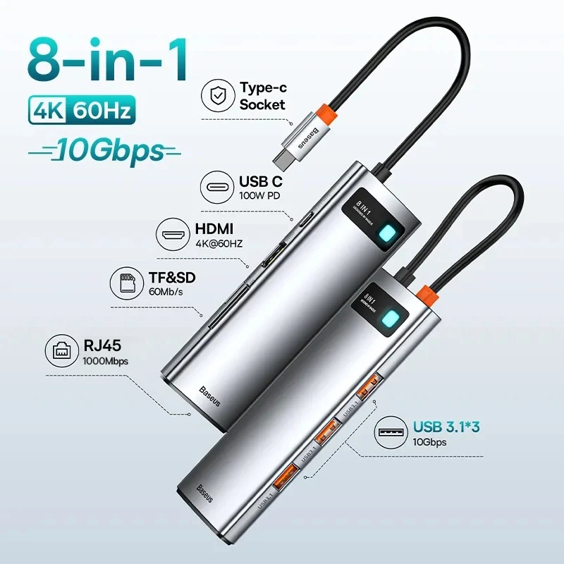 Концентратор Baseus Type-C: адаптер HDMI, USB и Ethernet.