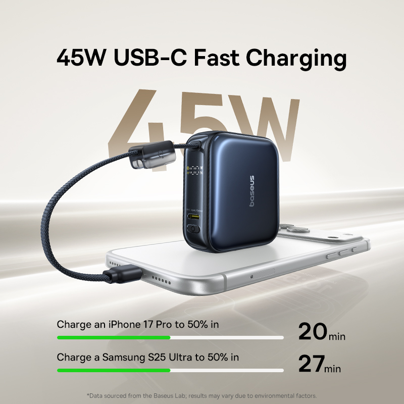 Baseus 45W Mini Power Bank 10000mAh Built-In USB-C Cable Pocket-Sized Smaller Fast Charging Portable For iPhone 17 Samsung S25