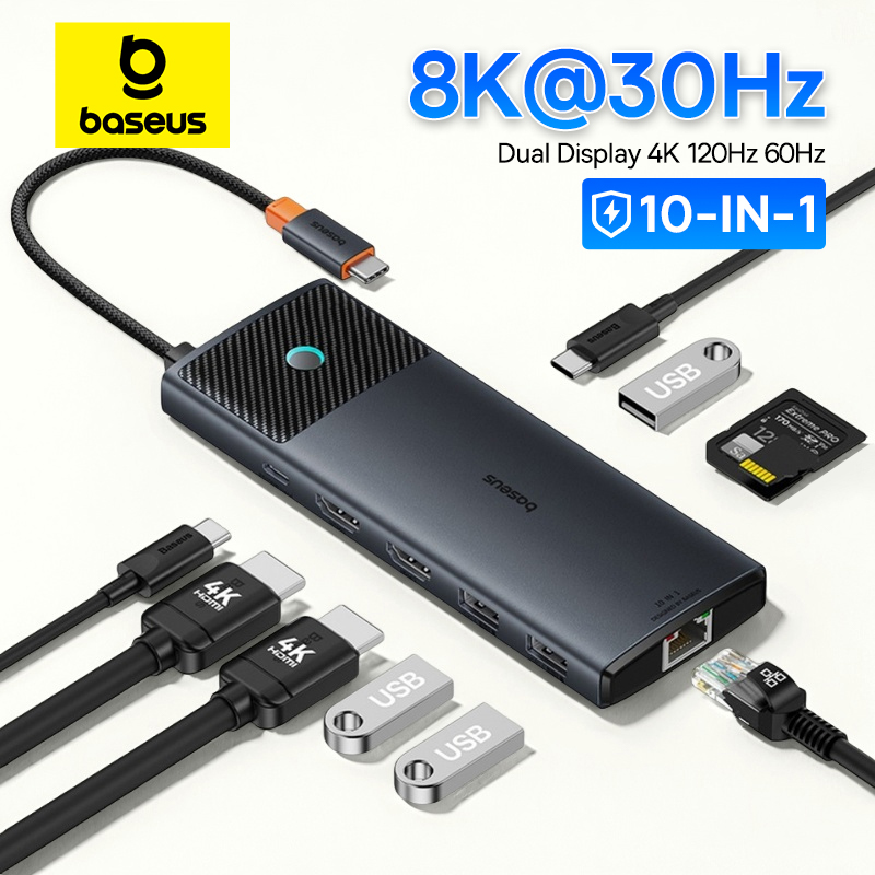 Универсальный USB-концентратор Baseus 10-в-1 с разъемом USB-C, двумя портами HDMI и поддержкой разрешения 8K и 4K.