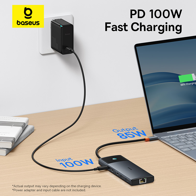 Универсальный USB-концентратор Baseus 10-в-1 с разъемом USB-C, двумя портами HDMI и поддержкой разрешения 8K и 4K.