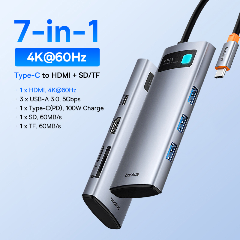 Универсальный USB-концентратор Baseus 10-в-1 с разъемом USB-C, двумя портами HDMI и поддержкой разрешения 8K и 4K.