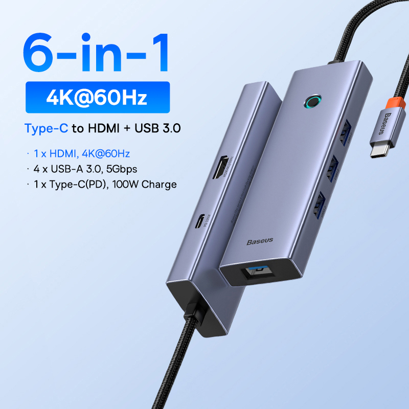 Универсальный USB-концентратор Baseus 10-в-1 с разъемом USB-C, двумя портами HDMI и поддержкой разрешения 8K и 4K.