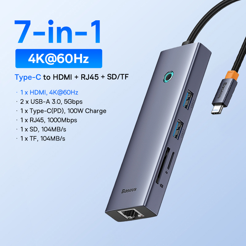 Универсальный USB-концентратор Baseus 10-в-1 с разъемом USB-C, двумя портами HDMI и поддержкой разрешения 8K и 4K.