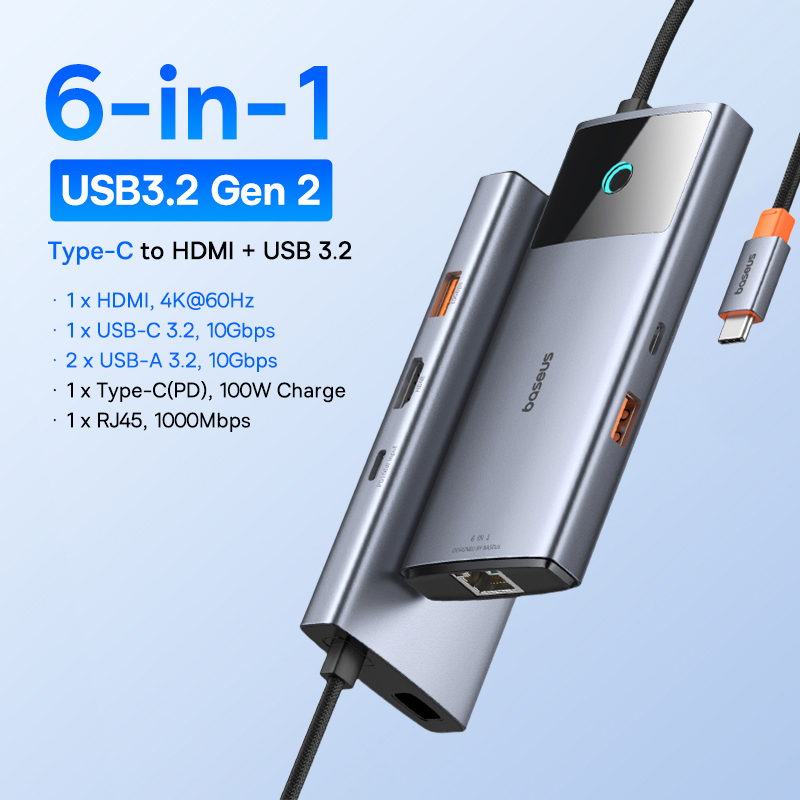 Универсальный USB-концентратор Baseus 10-в-1 с разъемом USB-C, двумя портами HDMI и поддержкой разрешения 8K и 4K.
