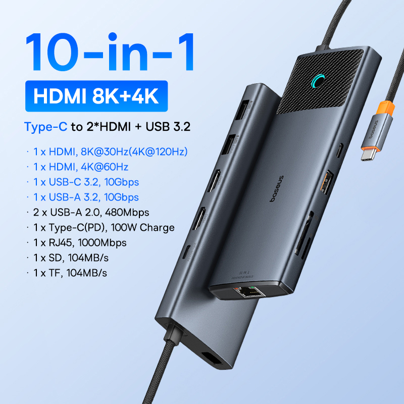 Универсальный USB-концентратор Baseus 10-в-1 с разъемом USB-C, двумя портами HDMI и поддержкой разрешения 8K и 4K.