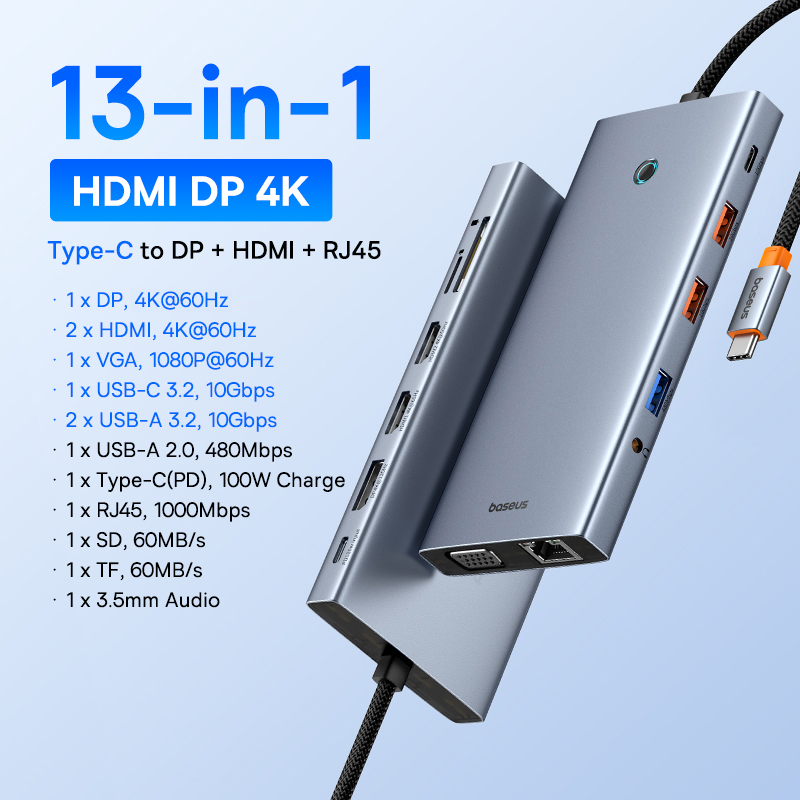 Универсальный USB-концентратор Baseus 10-в-1 с разъемом USB-C, двумя портами HDMI и поддержкой разрешения 8K и 4K.