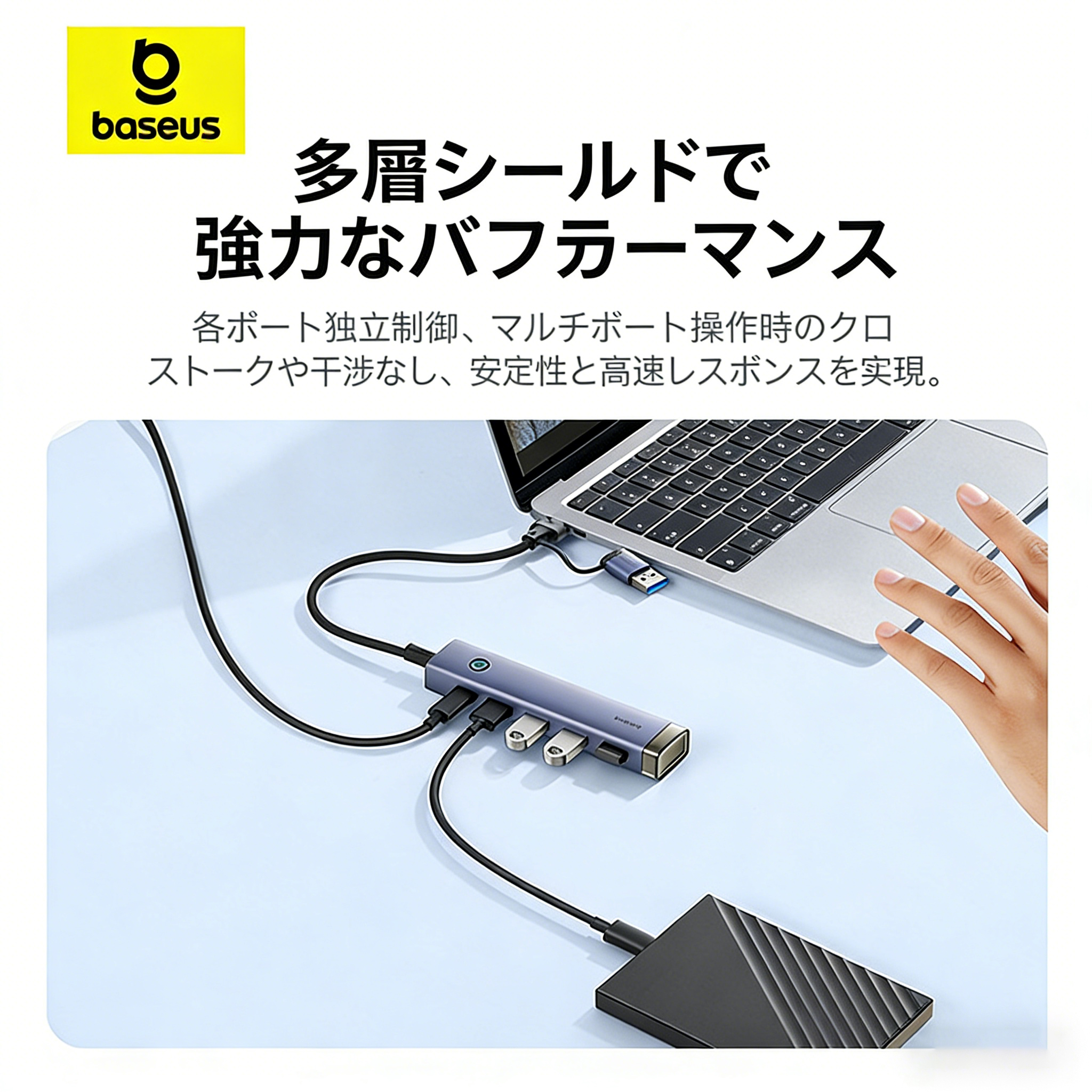 USB-концентратор Baseus — 4 порта расширения, передача данных 5 Гбит/с.