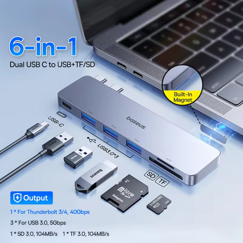 Двухпортовый USB-C концентратор Baseus: HDMI, устройство чтения карт SD/TF.