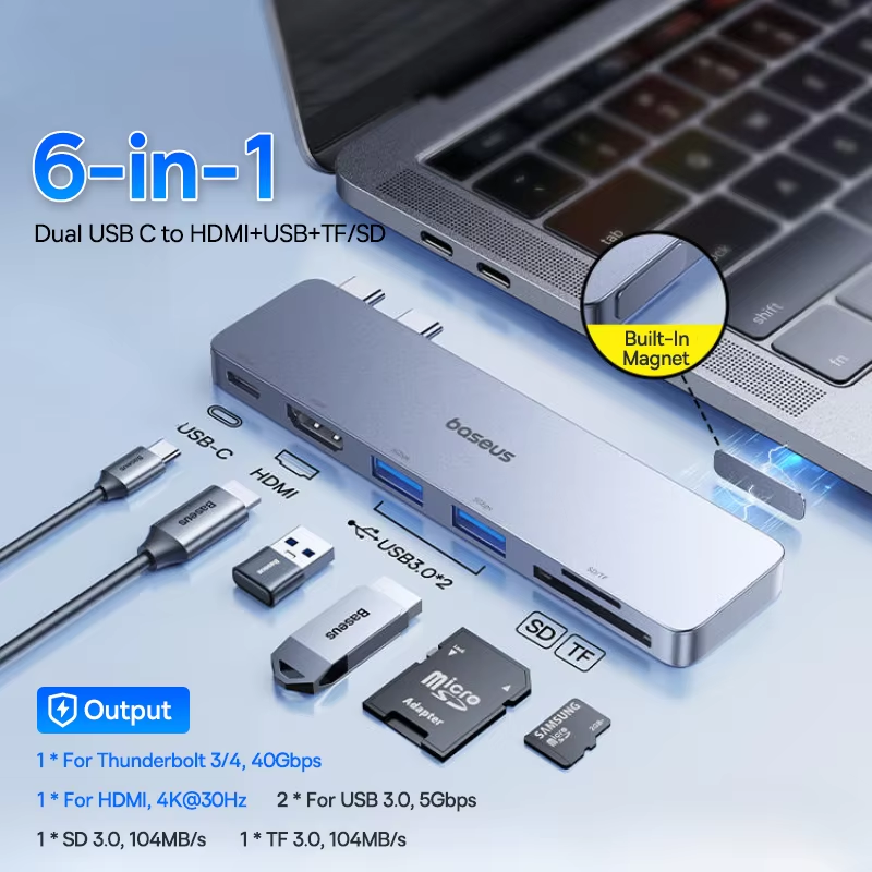 Двухпортовый USB-C концентратор Baseus: HDMI, устройство чтения карт SD/TF.