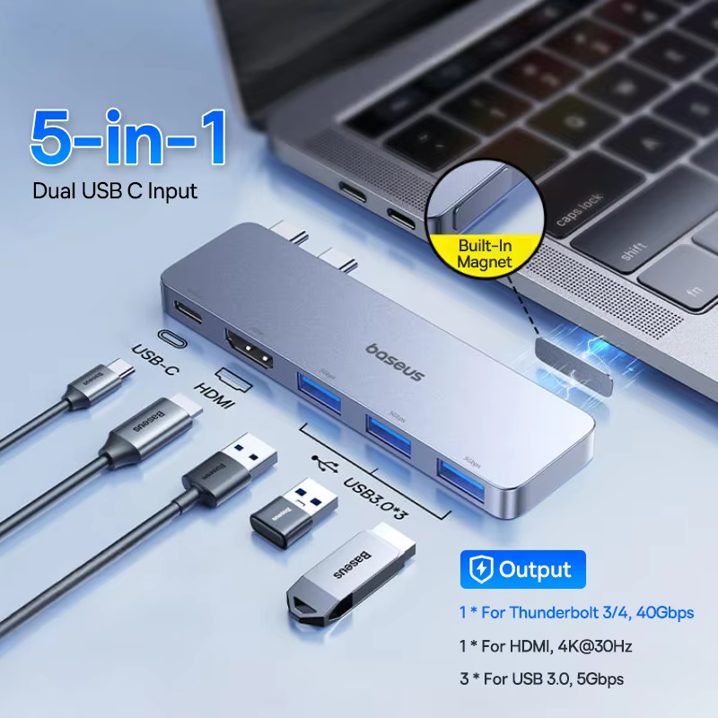 Двухпортовый USB-C концентратор Baseus: HDMI, устройство чтения карт SD/TF.