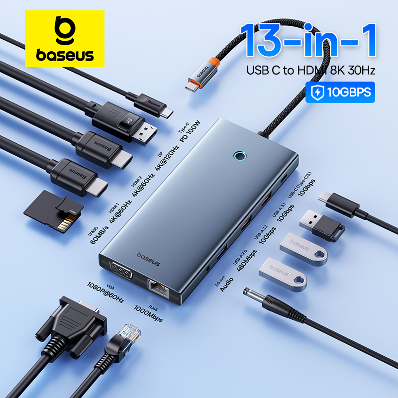 USB-концентратор Baseus USB C: адаптер 13-в-1, HDMI и DP для 4K/8K