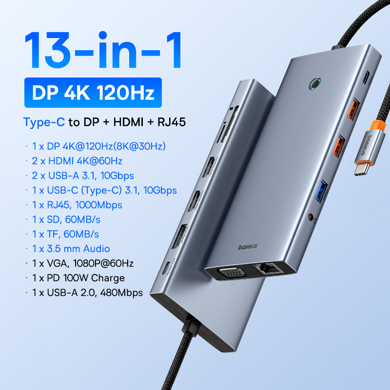 USB-концентратор Baseus USB C: адаптер 13-в-1, HDMI и DP для 4K/8K
