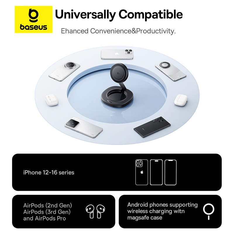 Беспроводная зарядная подставка Baseus Qi2, совместимая с MagSafe.